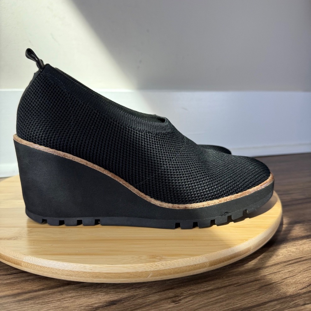 Eileen Fisher Wedge Pump Womens 8 Black Knit Platform Lug Sole Quiet Luxury Chic